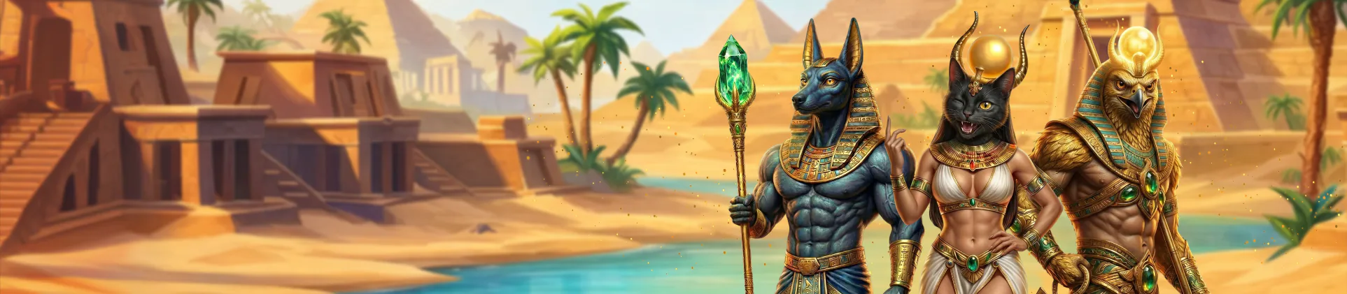 Egyptisch woestijnlandschap met de Nijl en een gouden farao-buste, sfeerbeeld van AmunBet