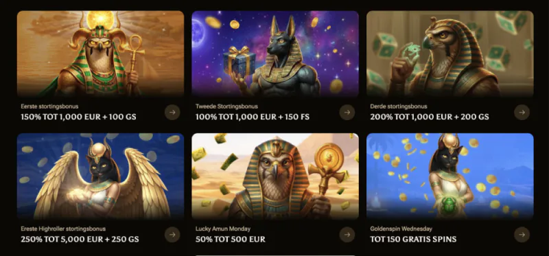 Overzicht van AmunBet stortingsbonussen op de eerste, tweede en derde storting, highroller-bonus en wekelijkse acties