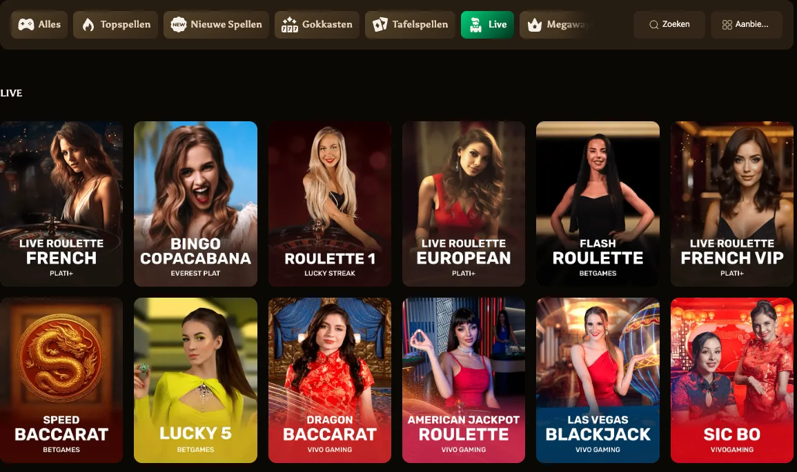 AmunBet live casino overzicht met Live Roulette French, Speed Baccarat en Las Vegas Blackjack
