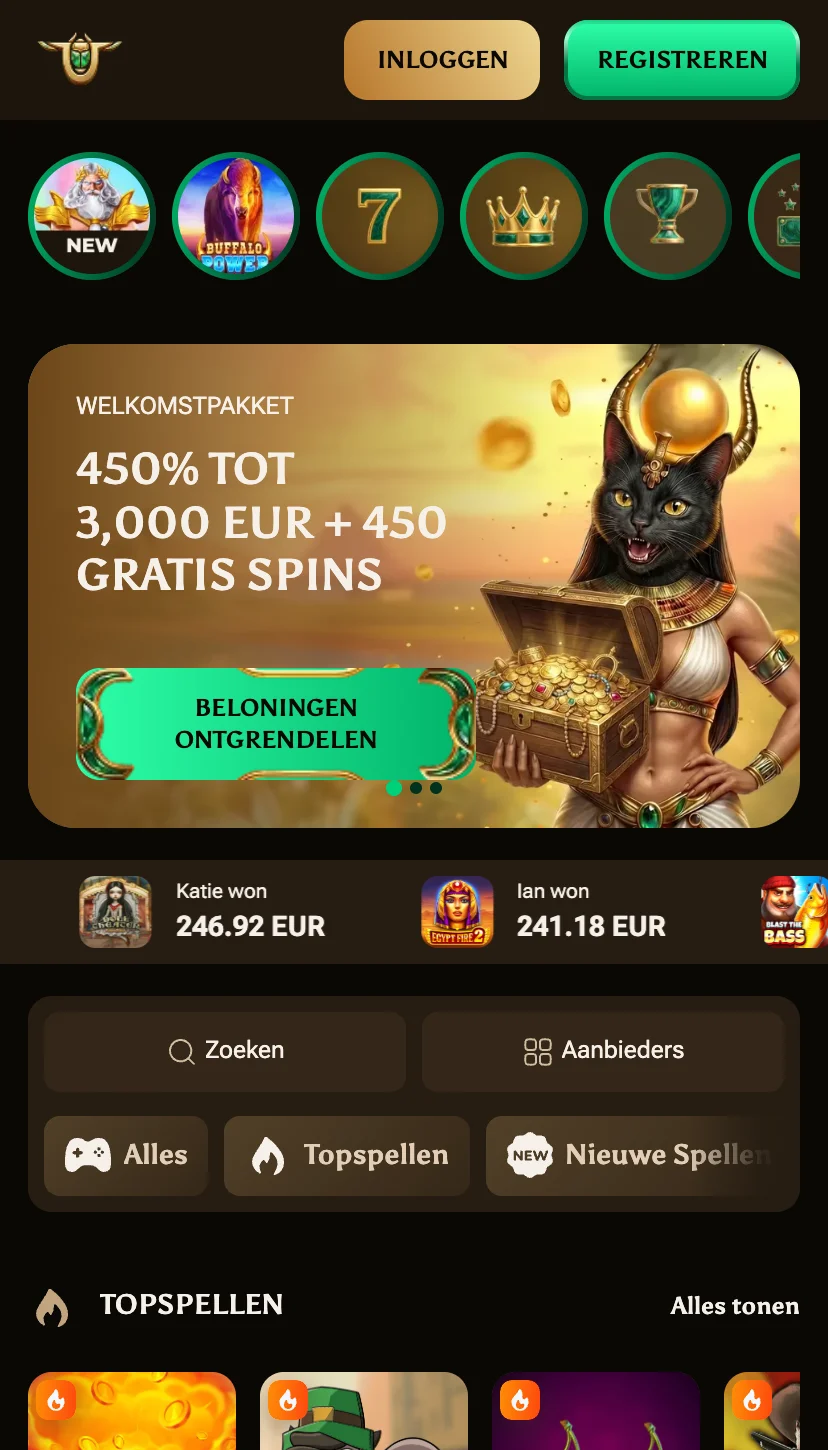 AmunBet mobiele catalogus met de Topspellen-filterknop en -sectie zichtbaar onderaan het scherm