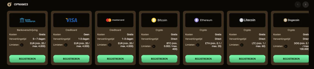 AmunBet opnamemethoden met verwerkingstijden: bankoverschrijving 5 tot 7 dagen, kaarten 1 tot 3 dagen, crypto direct