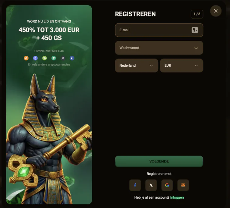 AmunBet-registratiescherm met een Anubis-figuur en het welkomstpakket van 450% tot €3.000
