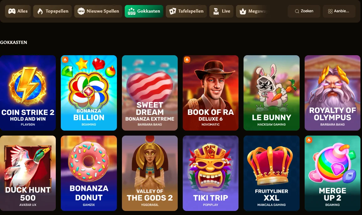 AmunBet gokkasten overzicht met titels als Coin Strike 2, Bonanza Billion en Book of Ra Deluxe 6