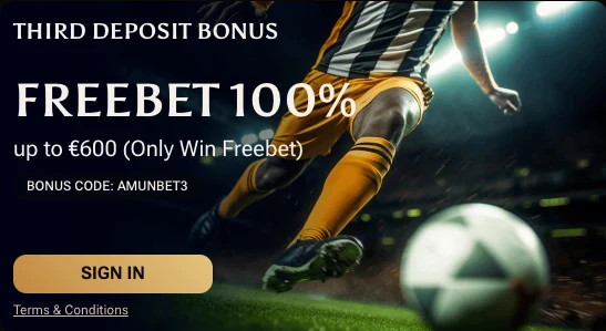 AmunBet sport freebet: 100% tot 600 EUR op de derde storting, code AMUNBET3