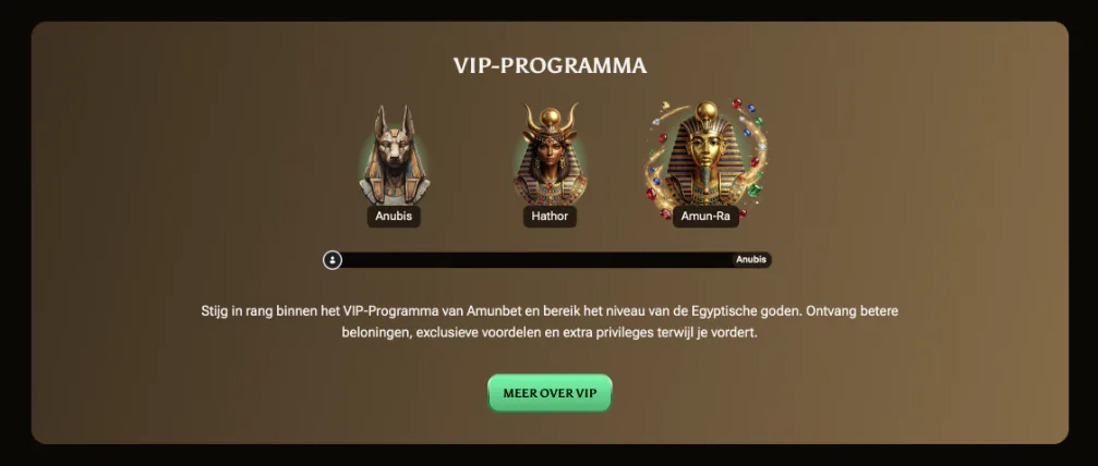 AmunBet VIP-programma met de niveaus Anubis, Hathor en Amun-Ra