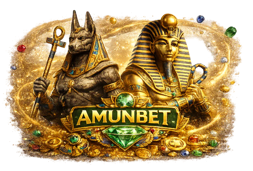 AmunBet-godenbeelden van Anubis en een gouden farao met het AmunBet-logo
